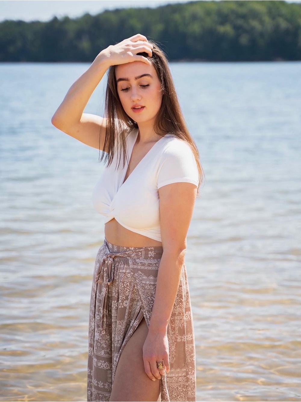 Boho Tie-Waist Pants in Taupe with White Print